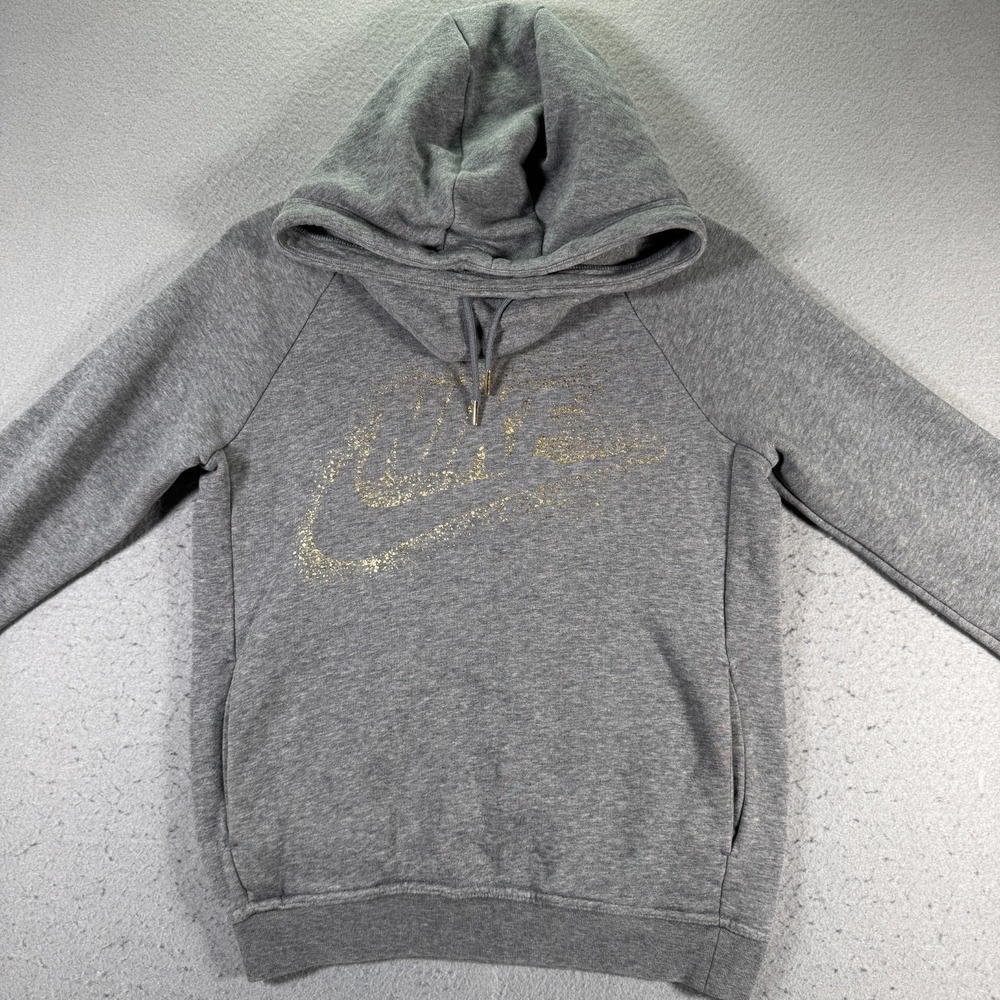 Nike‎ Cowl Neck Hoodie Sweatshirt Womens XS Gray Fleece Glitter Big Logo Sports